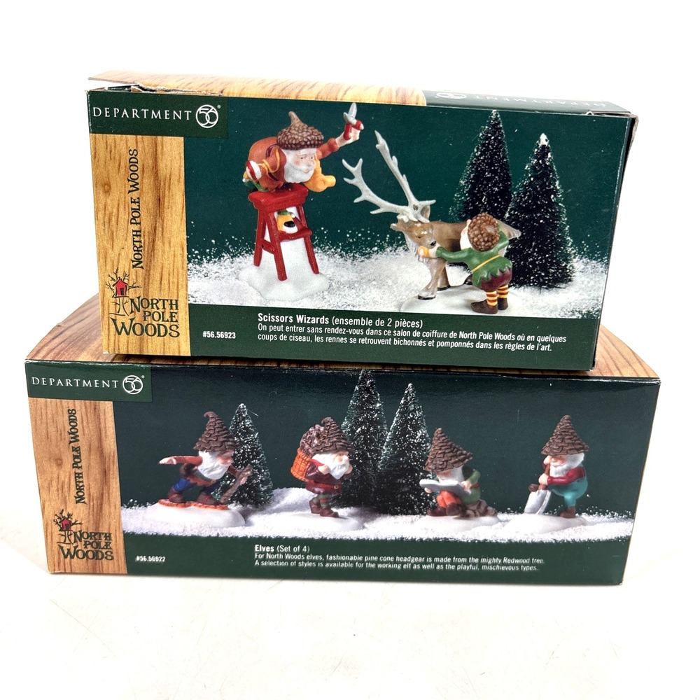 Lot of 2 Dept 56 North Pole Woods Elves - Set/4 Elves, Scissors Wizards w/Boxes